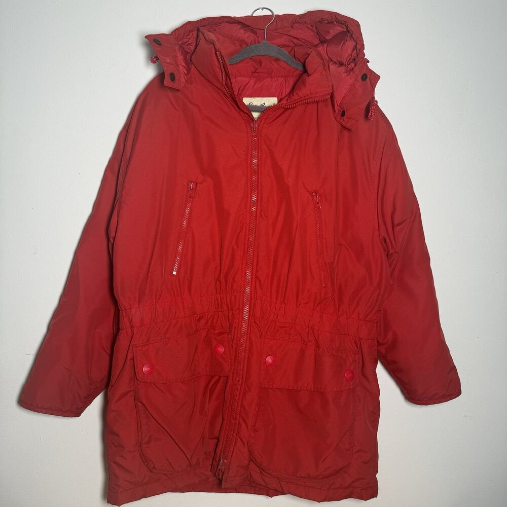 EDDIE BAUER White Tag 90s Down Jacket Women’s Large Red Removable Hood Parka - Picture 2 of 11